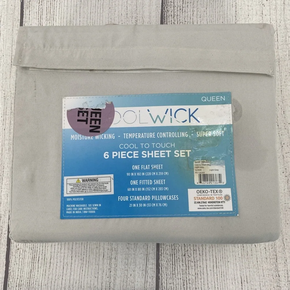 CoolWick Sheet Set QUEEN Gray Microfiber Super Soft Moisture Wicking Stay Cool